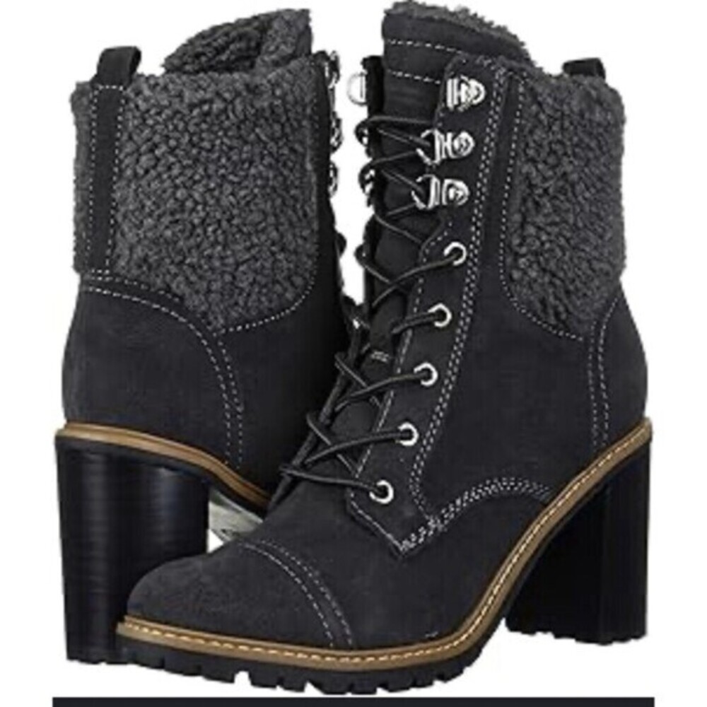 Nine West Women's Perry Boot Size 8.5 M Block Heel Lace Up Combat Faux Fur Gray